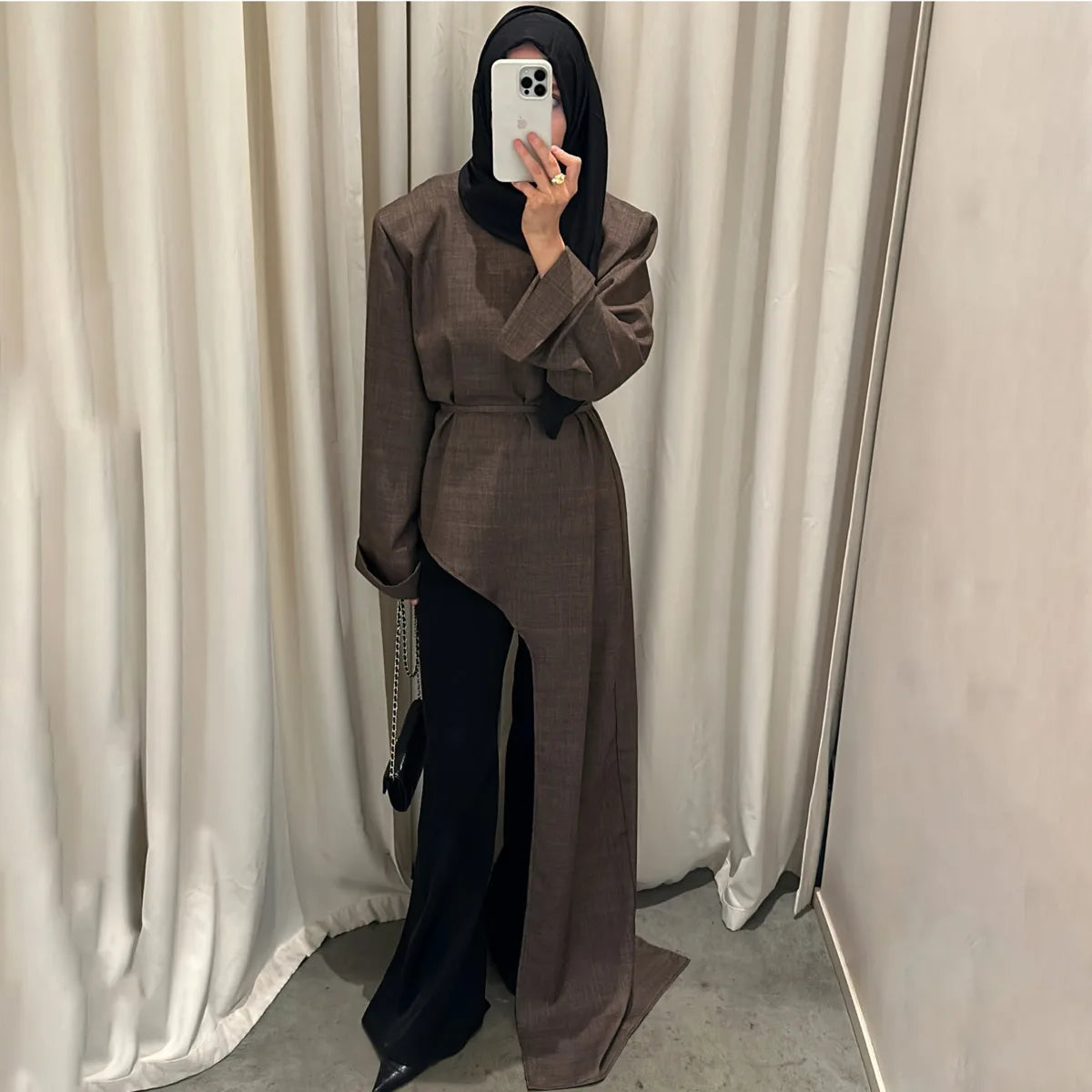 Linen blazer with tie waist and asymmetric hem in dark brown