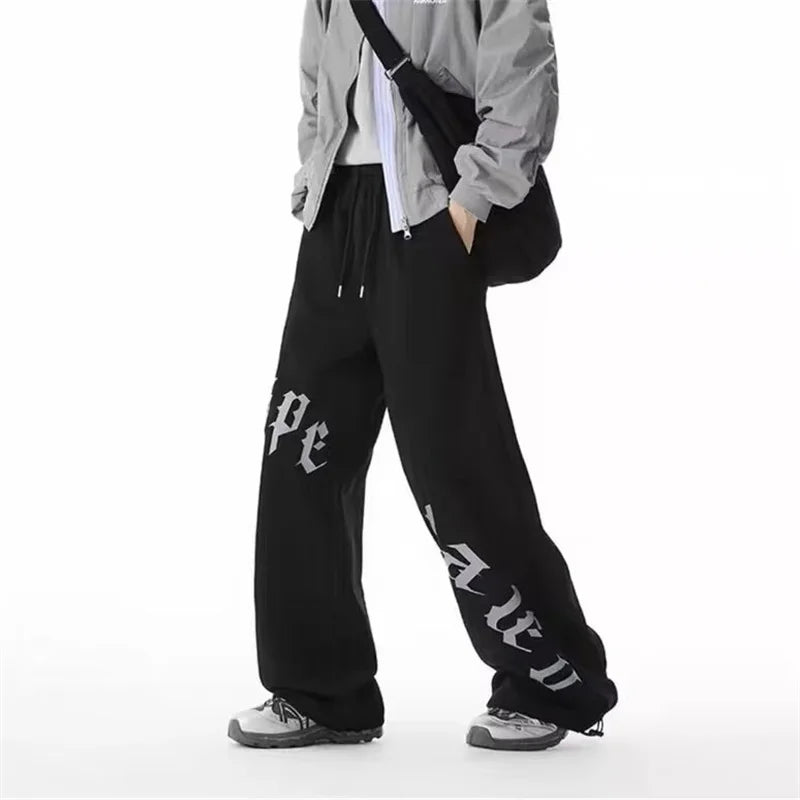 Spring Goth Letter Printed Baggy Straight Leg Trousers For Man Hip Hop Fashion Cotton Sports Pants Y2K Vintage Pantalones Hombre