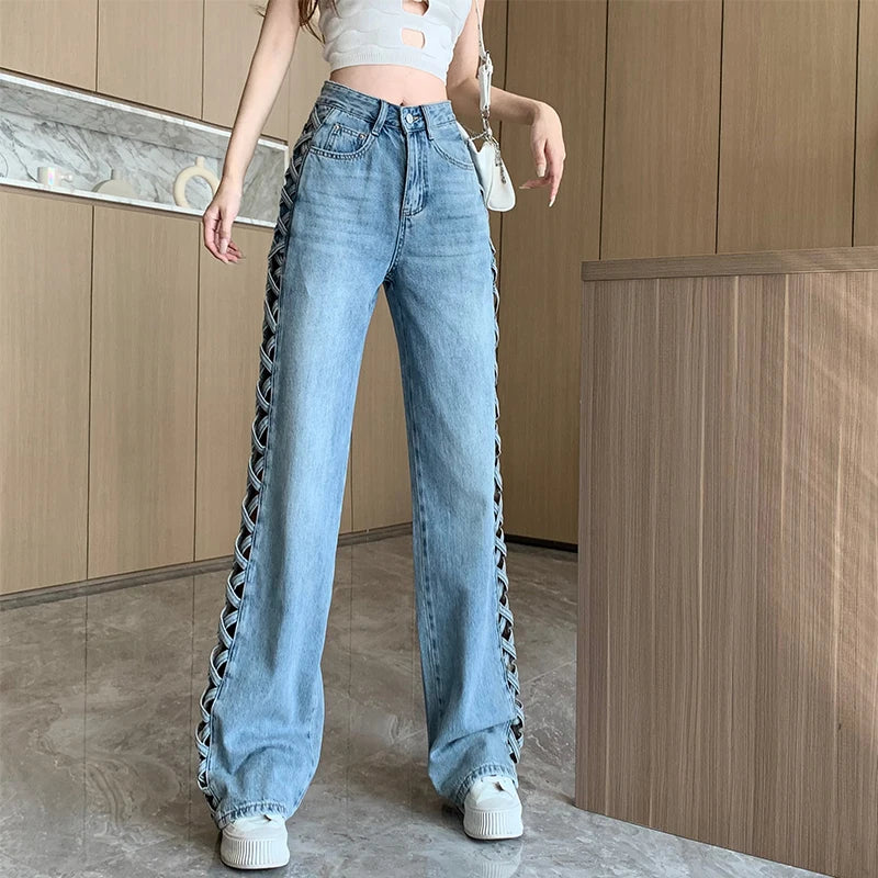 High waist straight jeans with braid hollow-out detail