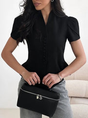 TWOTWINSTYLE Fashionable Irregular Hem Shirt for Women V Neck Lantern Sleeves Spliced Single Breasted Slimming Shirts Female New