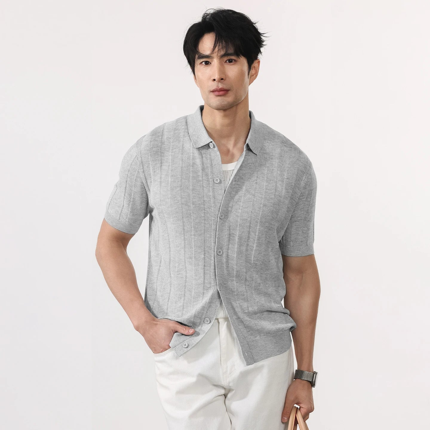 Men Summer Business Casual Fashion Vintage Short Sleeve Knitted Stripe Cardigan Polo Shirt Male Commute Sweater T-shirt Tops