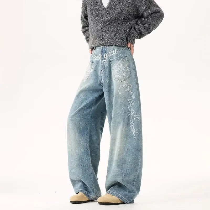 New Retro Floral Embroidered Curved Denim Pants For Man American Casual Streetwear Baggy Y2K Jeans Harajuku Letter Straight Jean