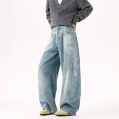 New Retro Floral Embroidered Curved Denim Pants For Man American Casual Streetwear Baggy Y2K Jeans Harajuku Letter Straight Jean