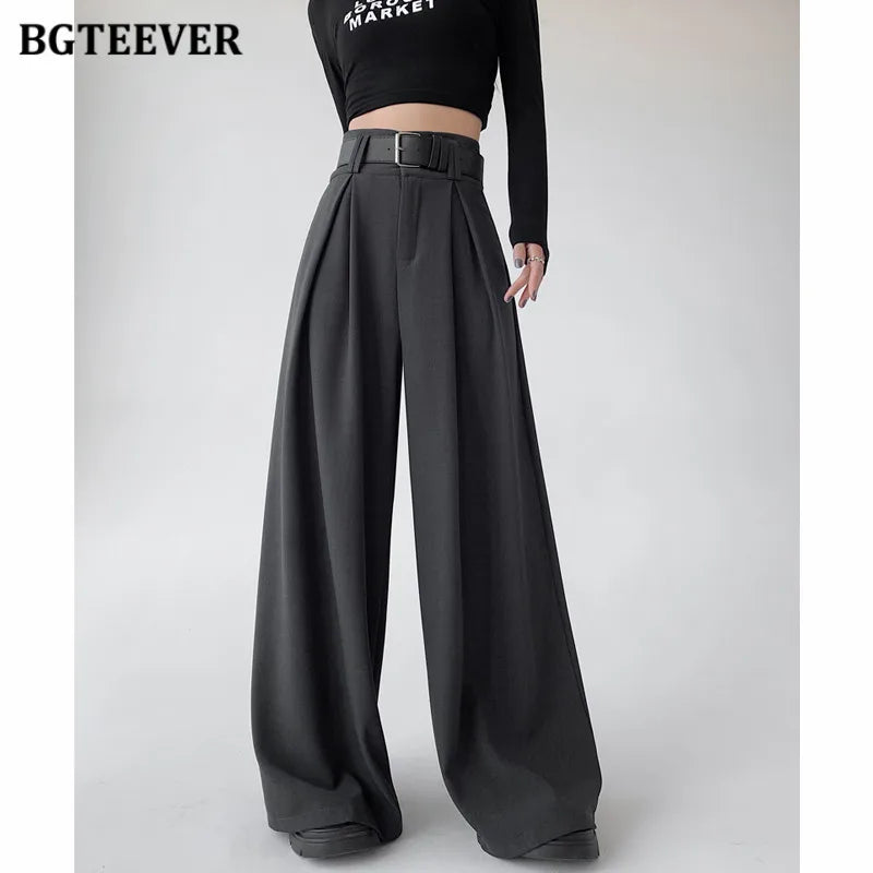 High waist wide-leg solid long trousers with pockets