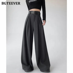 High waist wide-leg solid long trousers with pockets