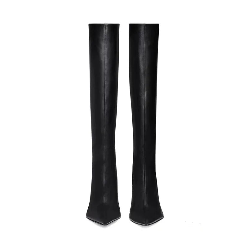 Pointed toe knee-high skinny boot with thin heel and side zipper