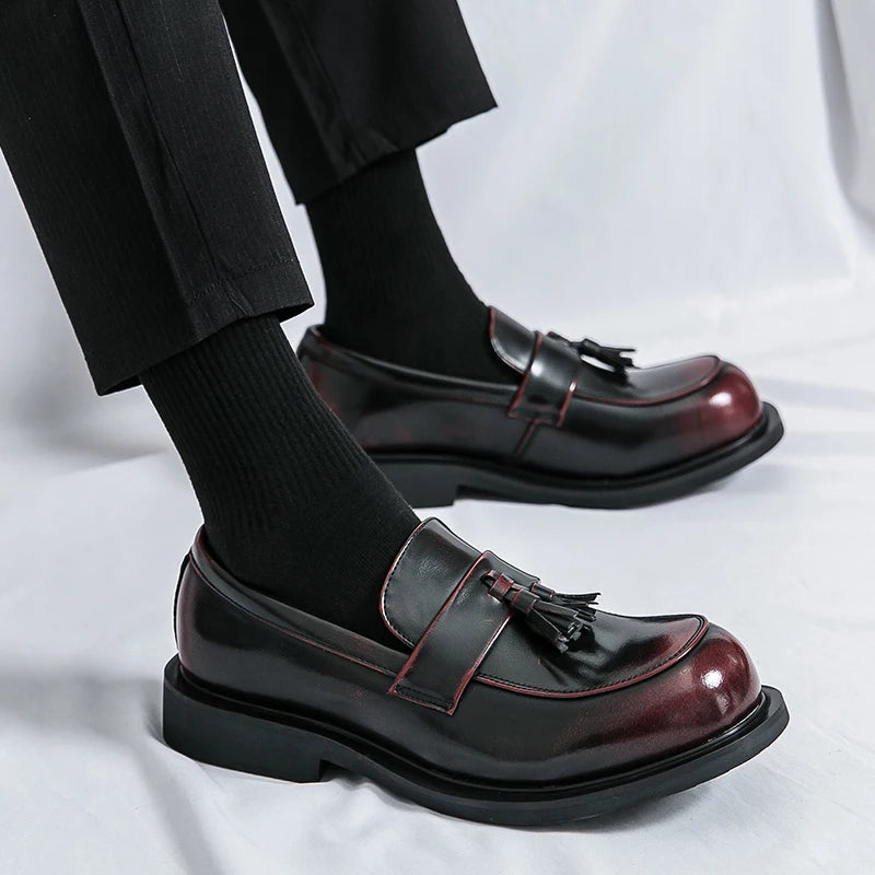 Men's British-Style Black Red Leather Loafers, Tassel Detail 5CM Height Increasing Shoes for Office/Daily Wear