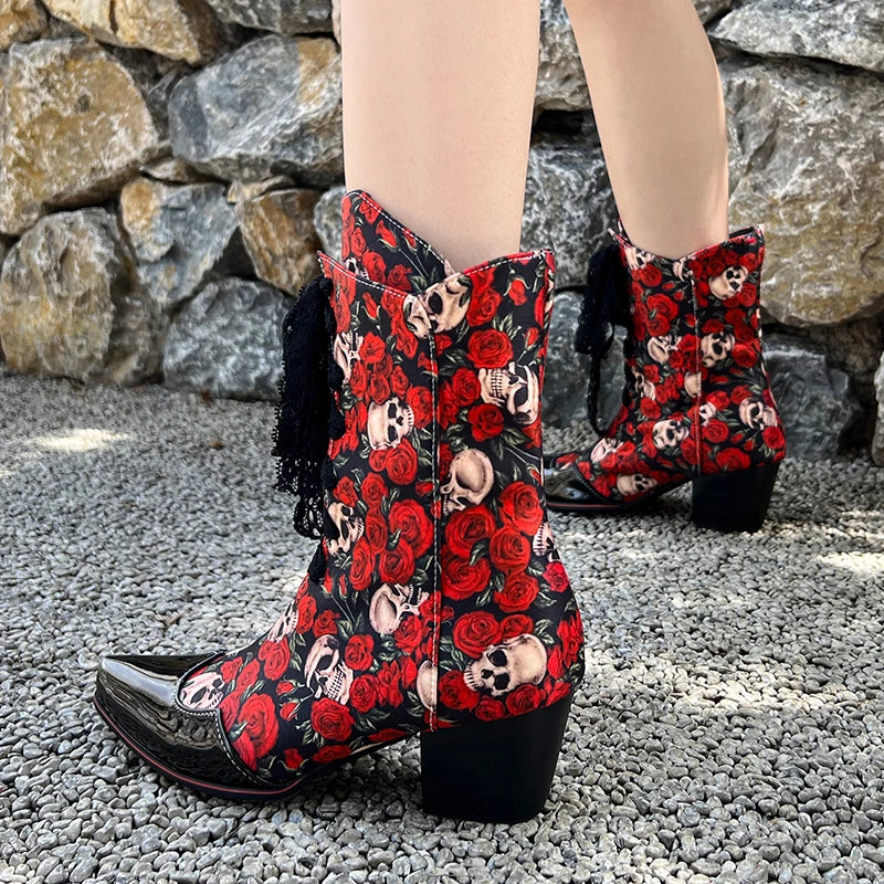 Pointed toe ankle boot with thick heel in skull floral patchwork fabric