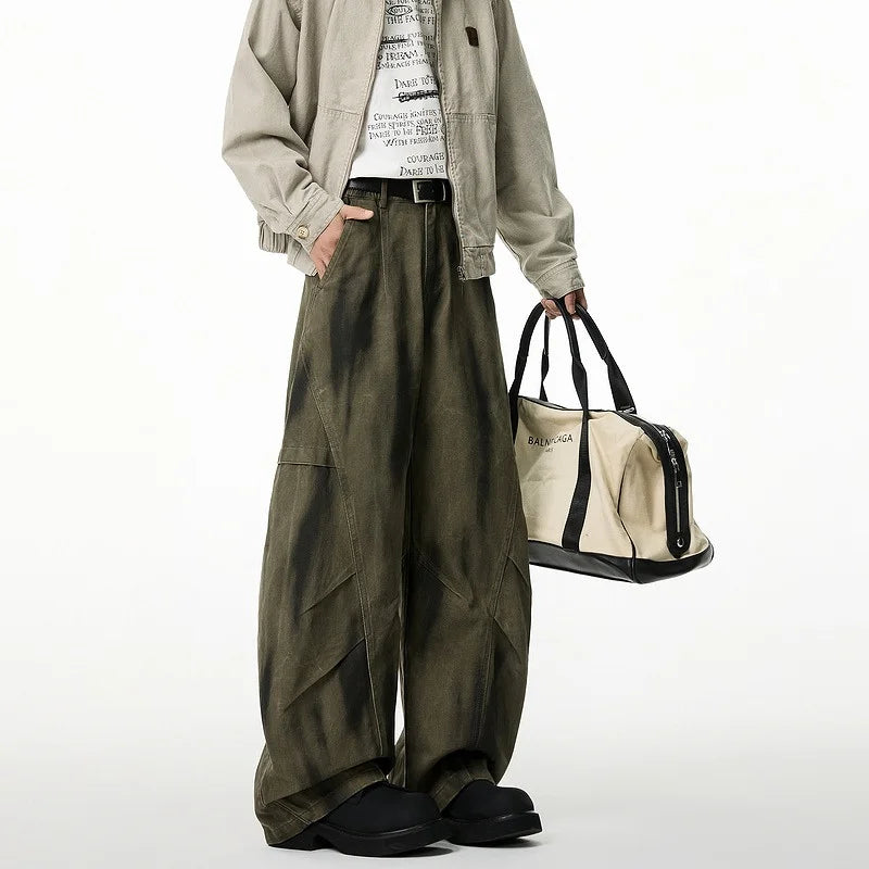 2025 New Men's Pleated Distressed Retro Straight Jean High Street Fashion Baggy Cargo Denim Pants Y2K Vintage Youth jeans homme