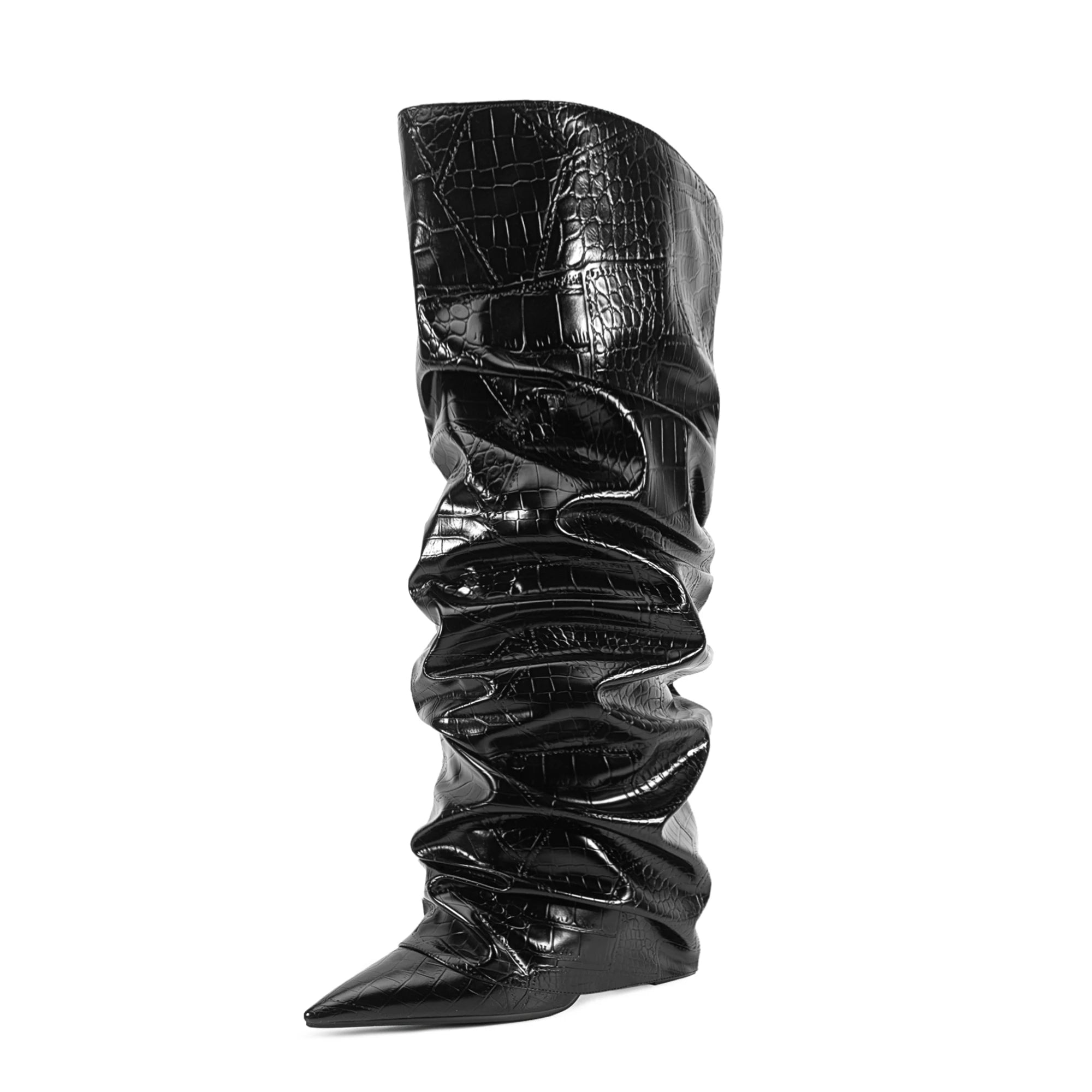 Pointed toe knee-high pleated boot with chunky heel in stone microfiber