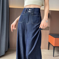 High waist wide-leg straight jeans in ice silk denim