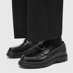 Men's Black Leather Loafers Niche Edgy Style Diamond Buckle Decor Chunky Sole Comfy Cushioned Insole Trendy Young Vibe Casual