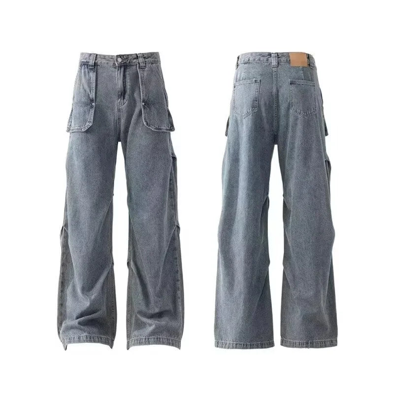 Autumn Men's Multi-pocket Straight-leg Cargo Jeans Y2K Vintage Pleated Design Baggy Jean 2025 High Street Fashion Denim Pants