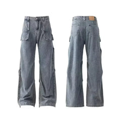 Autumn Men's Multi-pocket Straight-leg Cargo Jeans Y2K Vintage Pleated Design Baggy Jean 2025 High Street Fashion Denim Pants