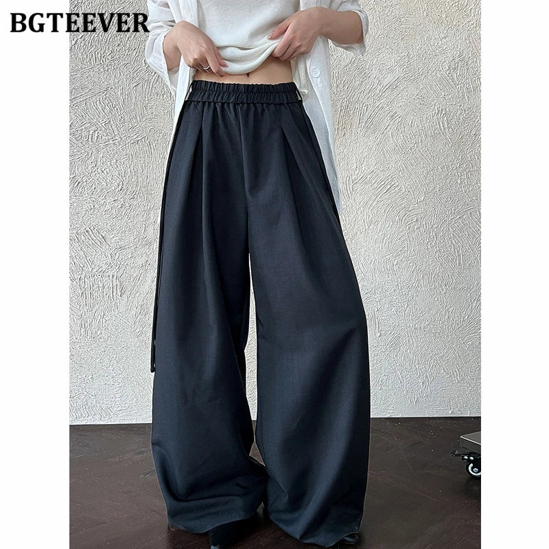 Wide-leg loose suit pants with vintage lace-up