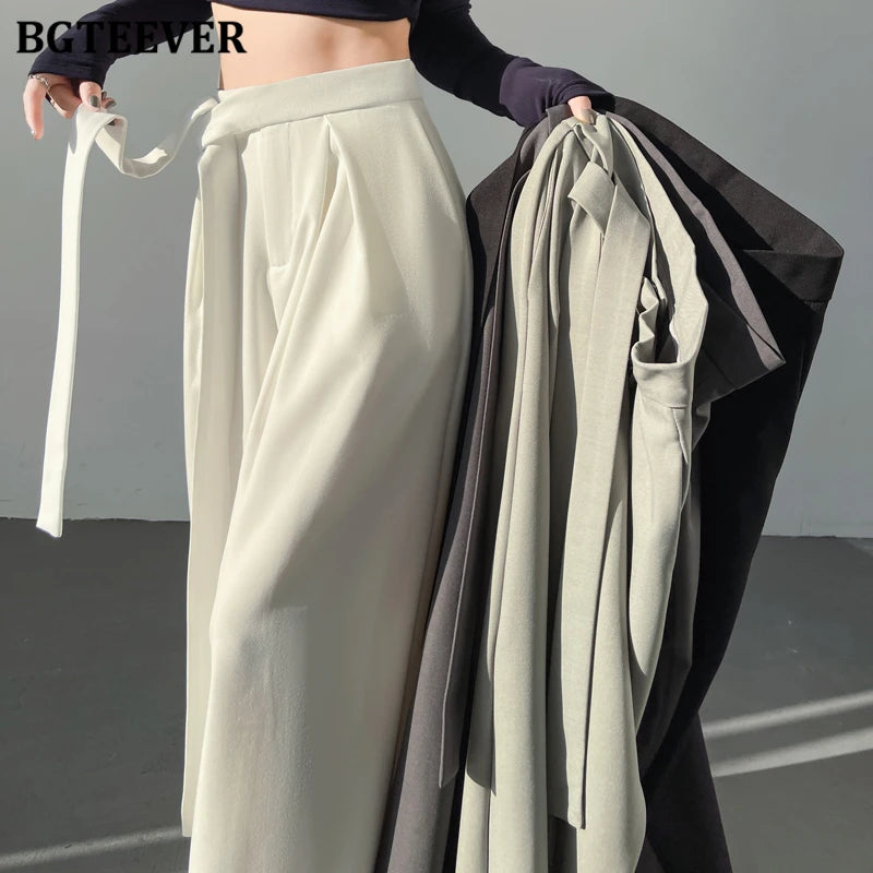 High waist wide-leg suit pants with lace-up in long length