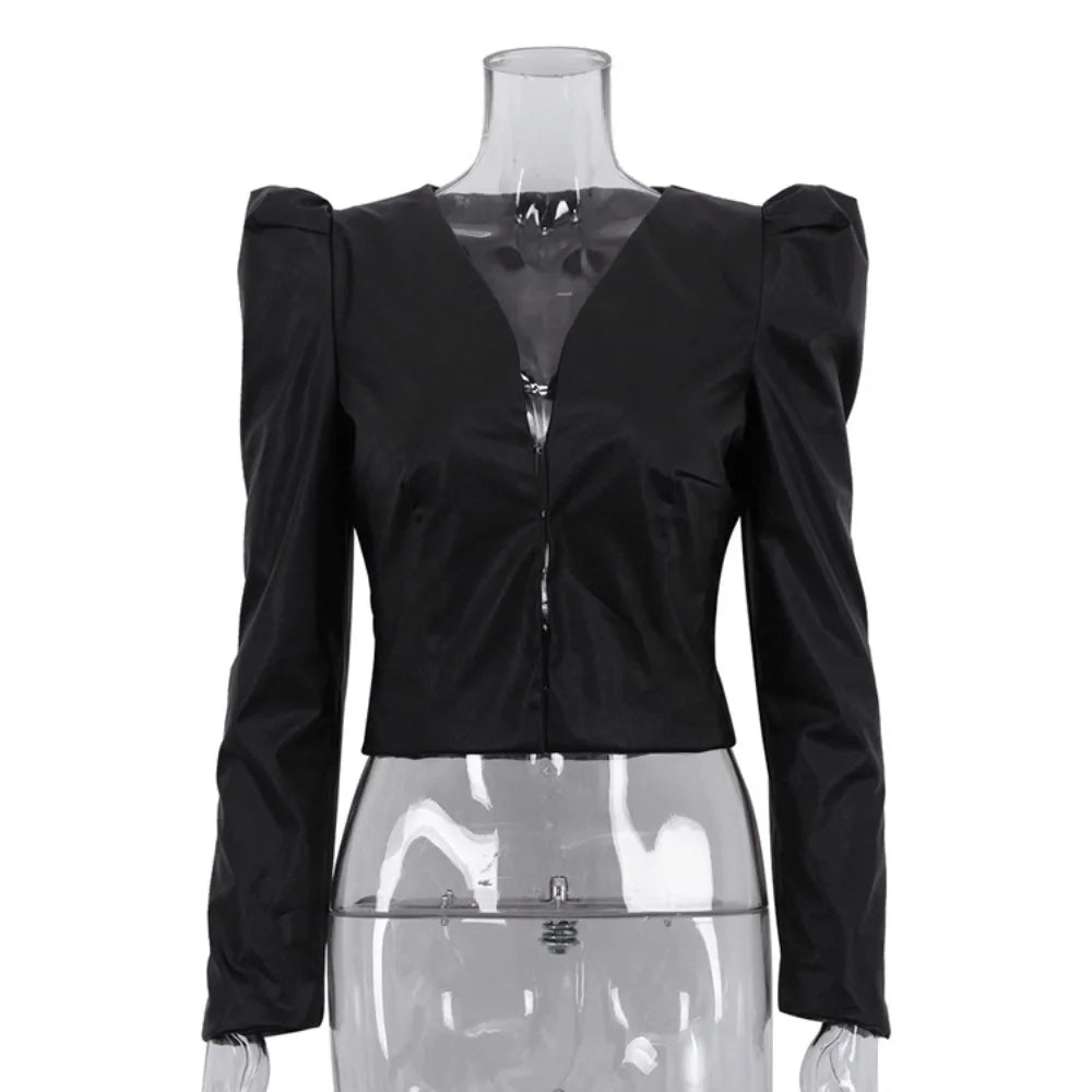 TWOTWINSTYLE Streetwear Black Short PU Leather Shirt for Women V Neck Long Sleeve Slimming Vintage Fashion Top Female New Trendy
