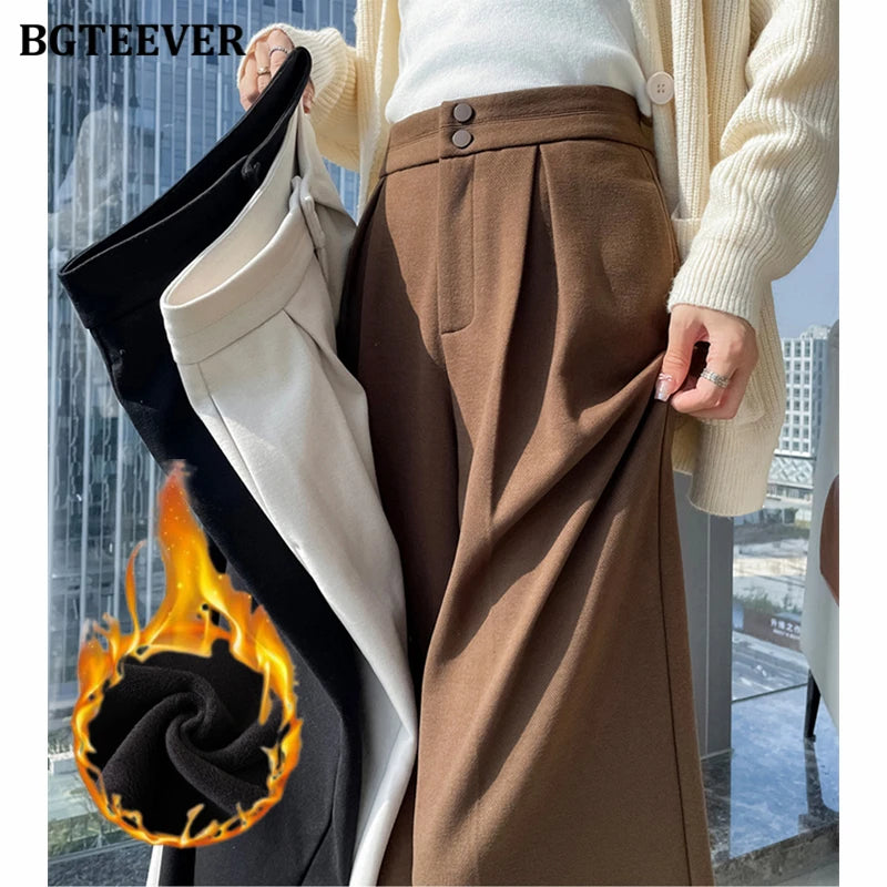 High waist floor-length wide-leg velvet trousers in thickened fabric