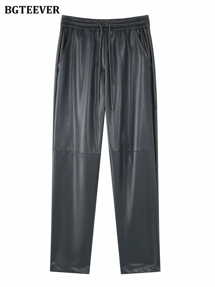 Elastic waist straight faux leather trousers with drawstring