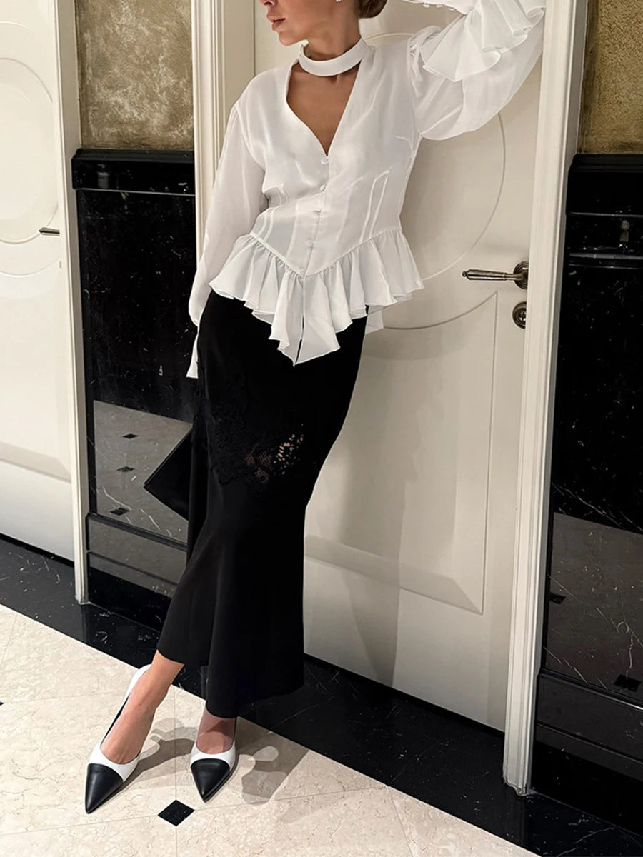 TWOTWINSTYLE White Loose Spliced Folds Chic Shirt for Women V Neck Long Sleeve Elegant French Shirts Female Summer Fashion New