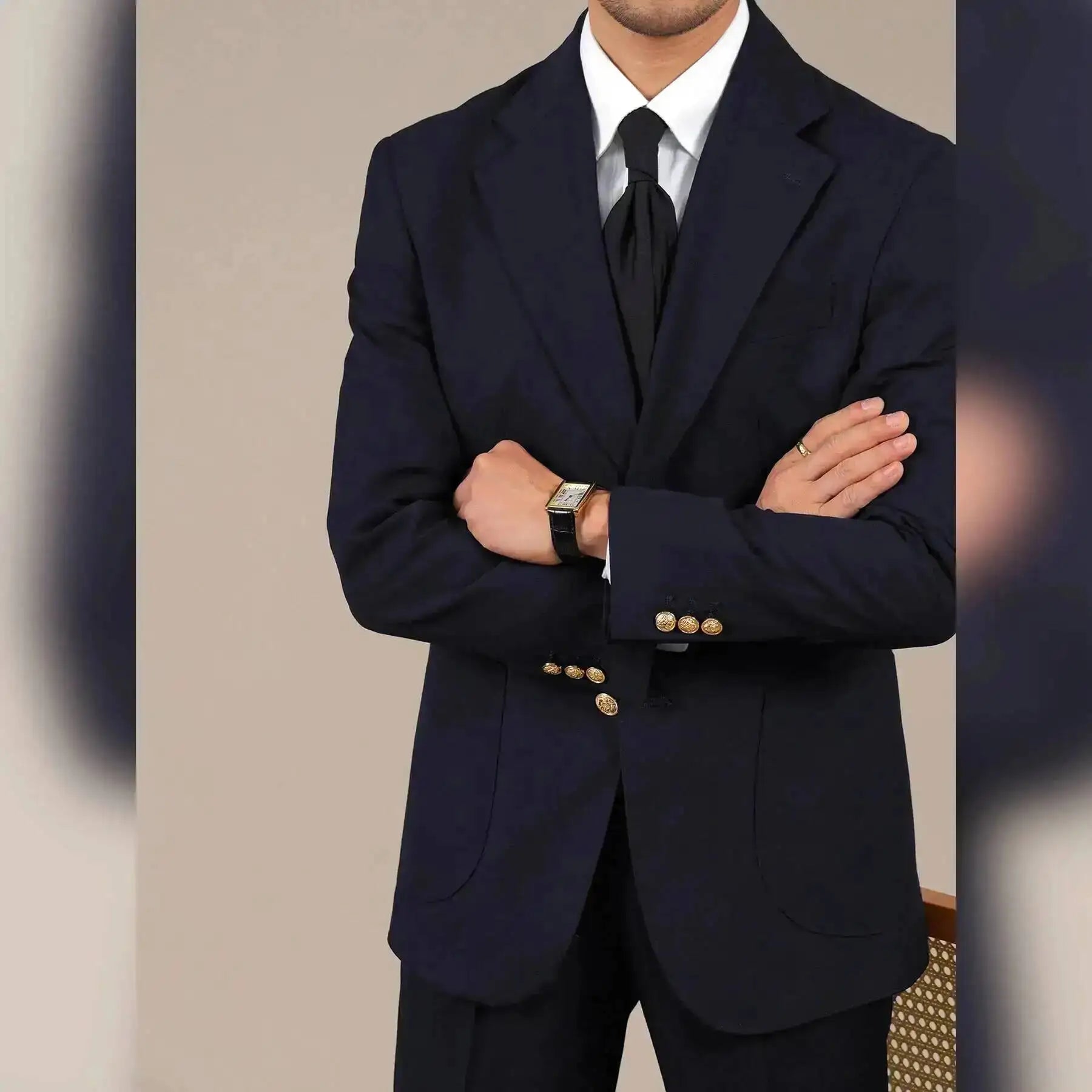 Italian Woolblend Men Suit With Gold Metal Button Tuxedos Slim Fit Double Vent Wedding Groom Suit Two-Piece Suit For Banquets