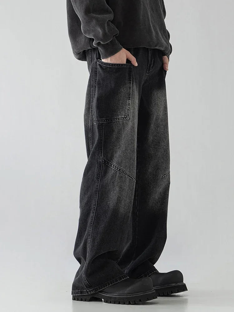 Spring Men's Vintage Multi-Pocket Cargo Jeans Y2K Vintage Distressed Baggy Denim Pants 2025 High Street Straight Wide Leg Jean