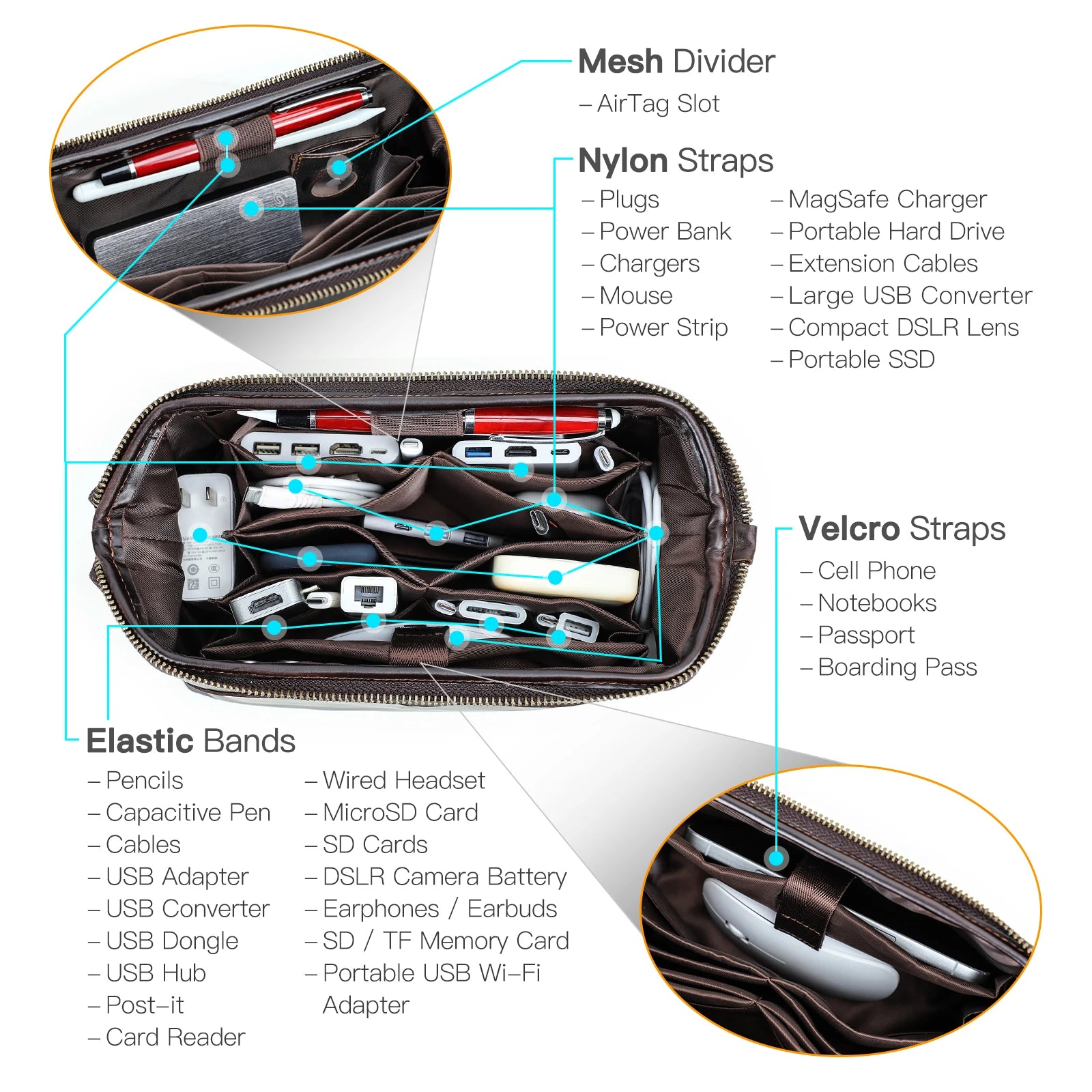 CONTACT'S Genuine Leather Cable Organizer Bags for Men Travel Cable Clutch Bag Portable Electronics Pouch Men's Bag Handbag Male