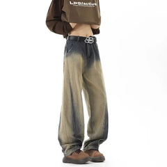 Spring Men's Distressed Vintage Washed Gradient Jeans Hip Hop Straight Wide Leg Baggy Denim Pants High Street Fashion Y2K Jean