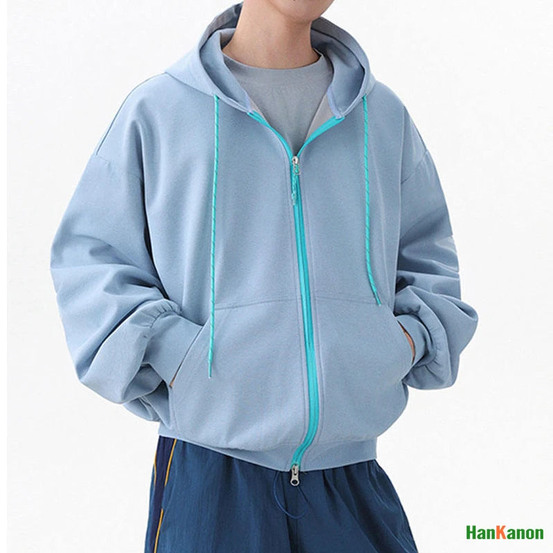 2025 Fall Unisex Color-Blocked Short Hooded Zip-Up Sweatshirt Loose Casual Hooded Sweatshirt Coat