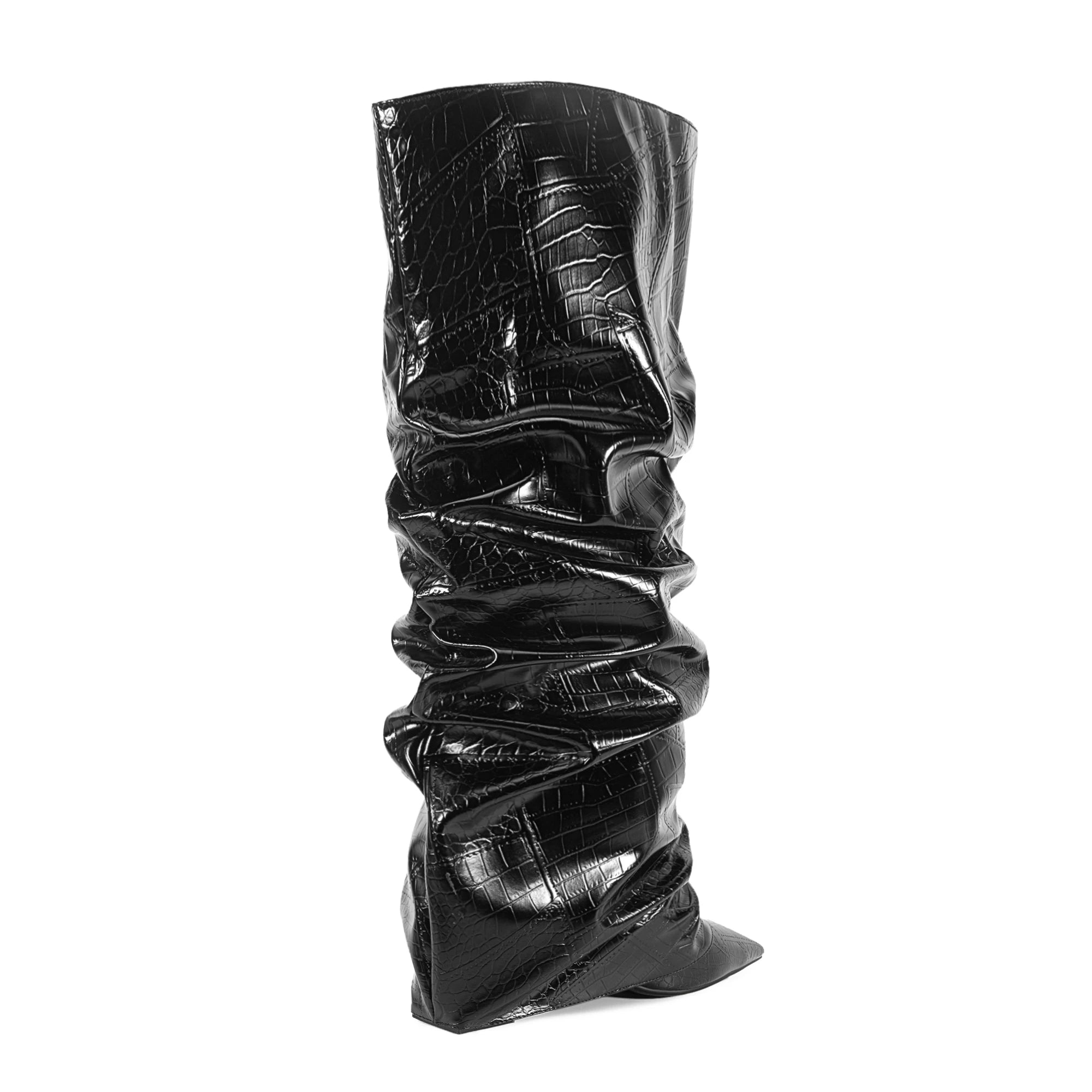Pointed toe knee-high pleated boot with chunky heel in stone microfiber