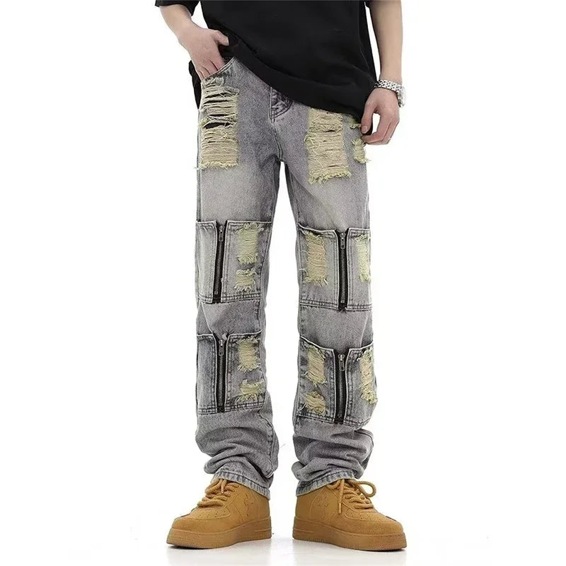 2025 New Multi Zipper Pocket Straight Jeans For Men Hip Hop Fashion Ripped Distressed Denim Pant High Street Wide-leg Baggy Jean