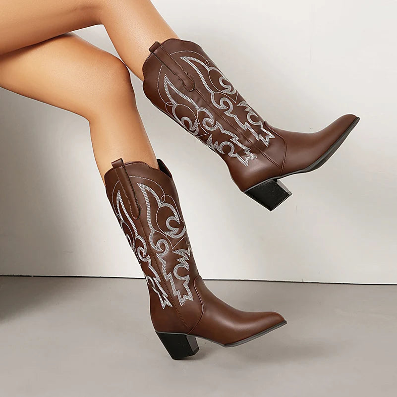 Round toe western boot with embroidered stripe and thick heel