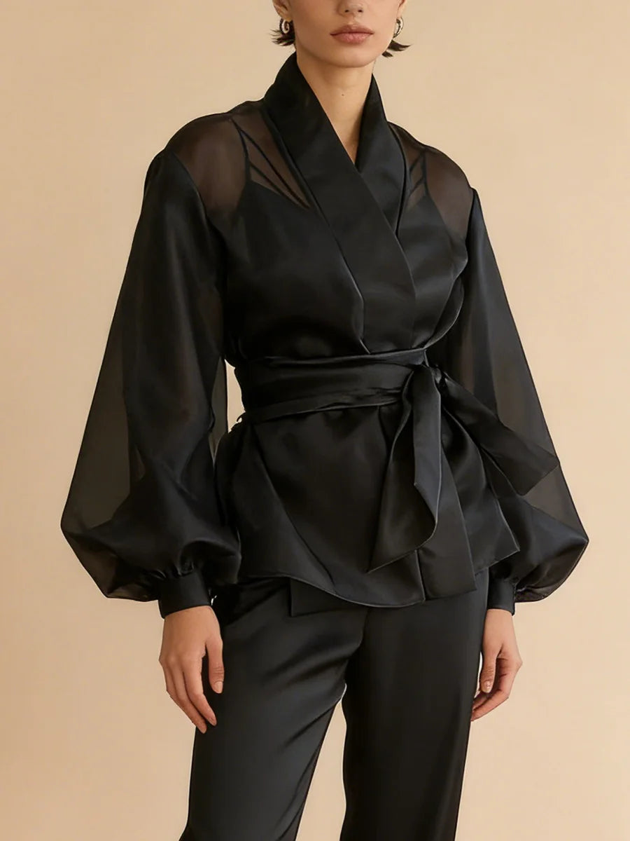 TWOTWINSTYLE Black Loose Spliced Lace Up Shirts for Women V Neck Long Sleeve French Temperament Shirt Female Autumn Fashion New