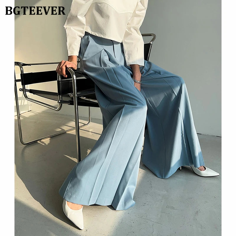 High waist wide-leg loose long trousers with pockets