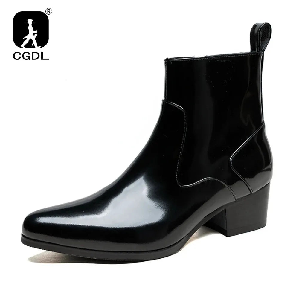 Patent Leather Mens Platform Boots with Heels Luxury Real Cow Leather Winter Warm Shoes Increase Height 5 Cm Side Zip No Laces