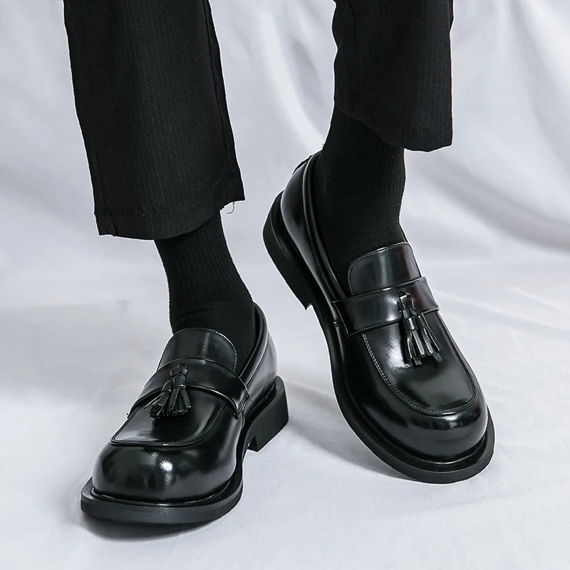 Men's British-Style Black Red Leather Loafers, Tassel Detail 5CM Height Increasing Shoes for Office/Daily Wear