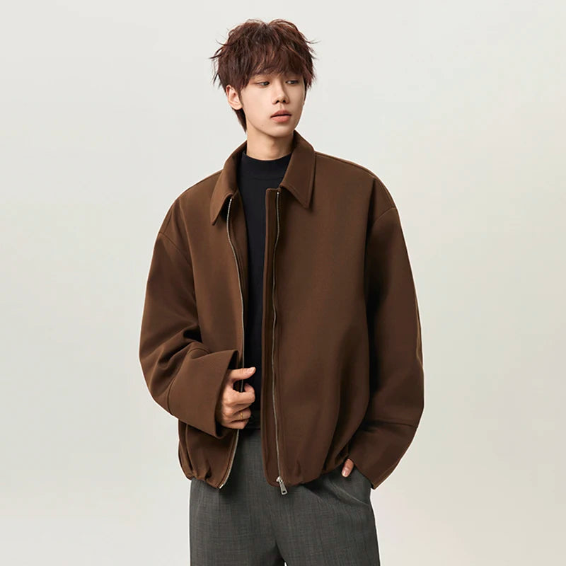IEFB Back Pleated Design Men's Jackets Woolen Lapel Solid Color Curved Knife Sleeve Korean Style Zipper Male Coats Simple 9X1617