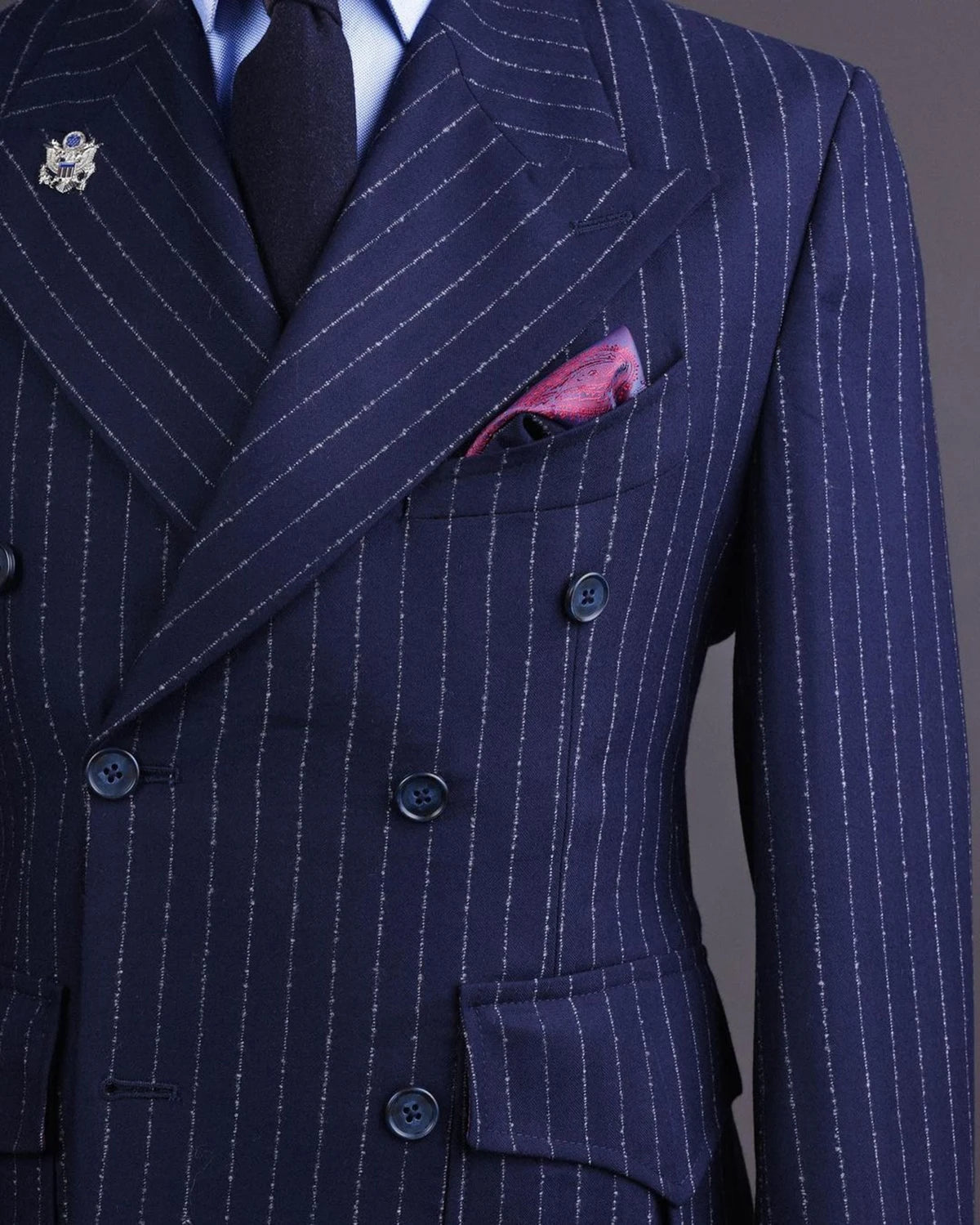 Navy Men's Suits Tailored 2 Pieces Blazer Pants Peaked Lapel Double Breasted Pinstripes New Wedding Groom Custom Made Plus Size