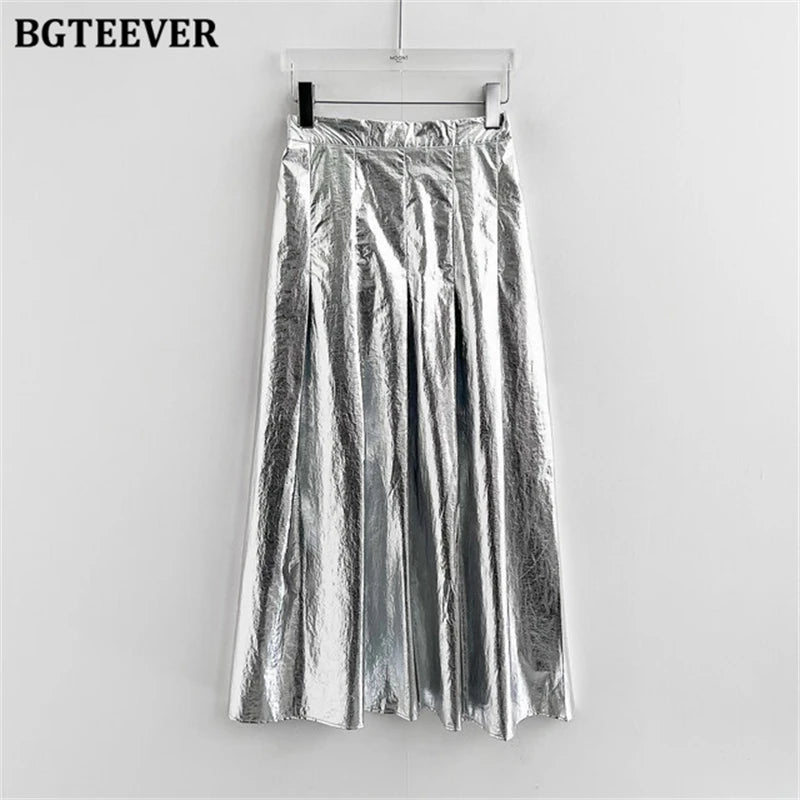 A-line long pleated skirt in silver with high waist