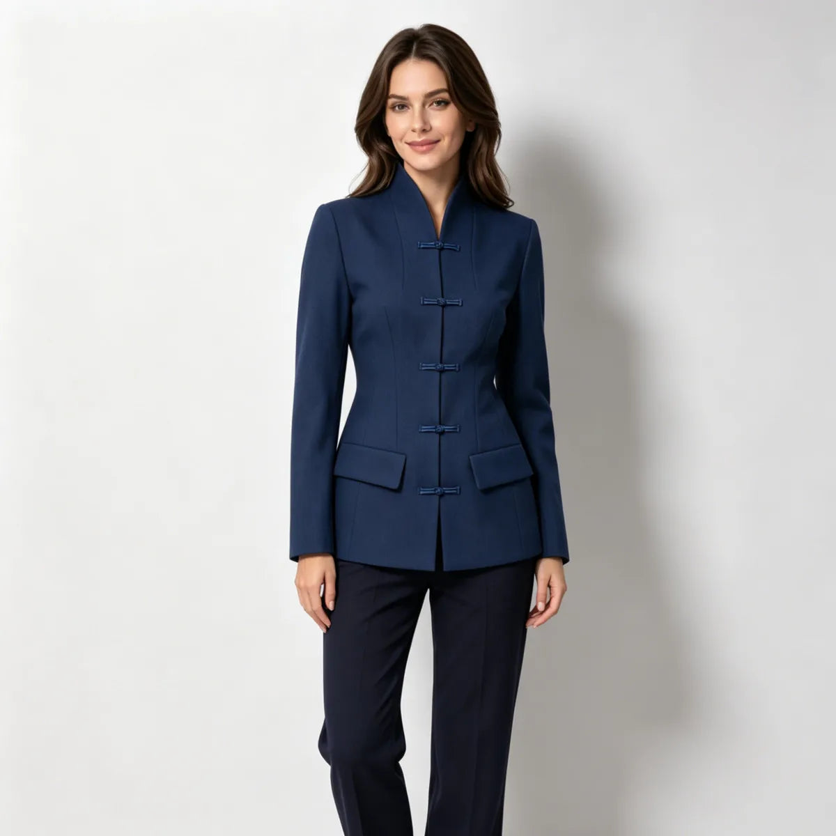 Mandarin collar frog button slim fit blazer