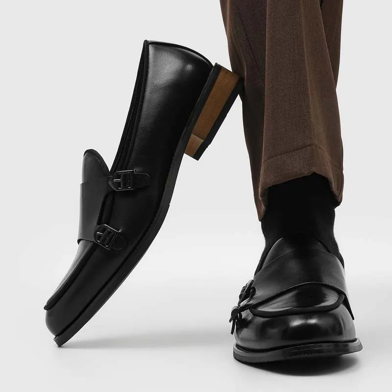 Men's Black Leather Loafers Double Monk Strap Slip-On Dress Shoes Formal Business Casual Shoes Comfortable Office Shoes 2026 New