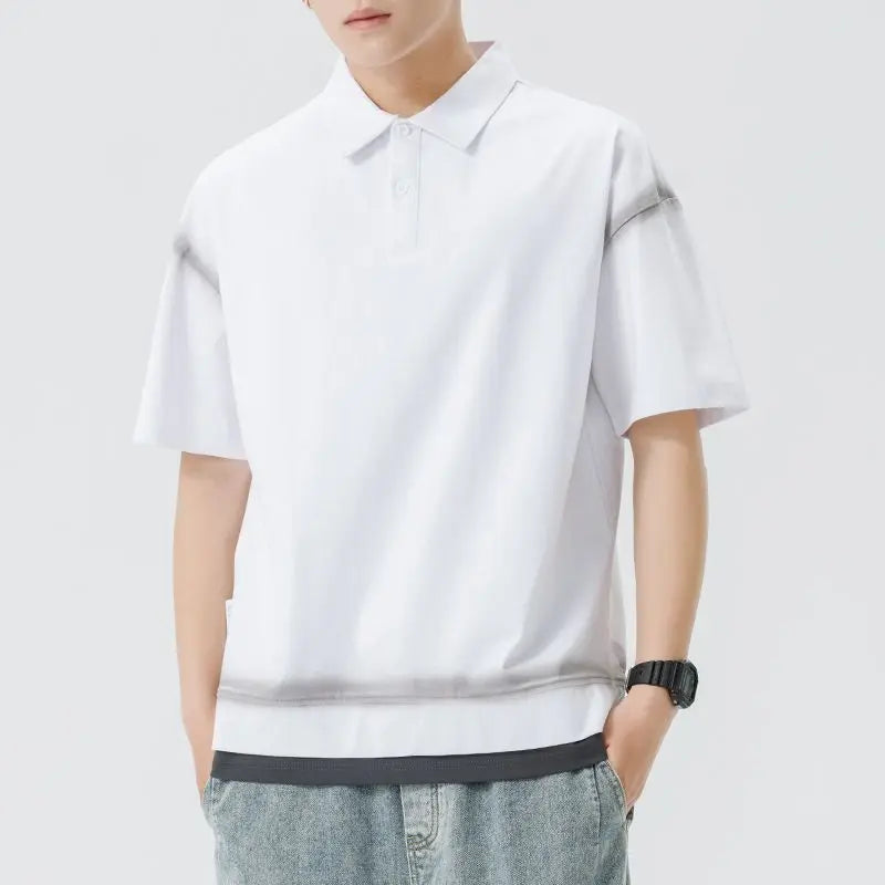 Men Splice Hem Vintage Washed Fashion Loose Casual Short Sleeve T-shirt Cityboy Summer Streetwear Polo Shirt