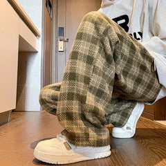 2026 New Y2K Vintage Plaid Baggy Trousers For Men High Street Woolen Straight-leg Pants Korean Fashion Hip Hop pantalones hombre