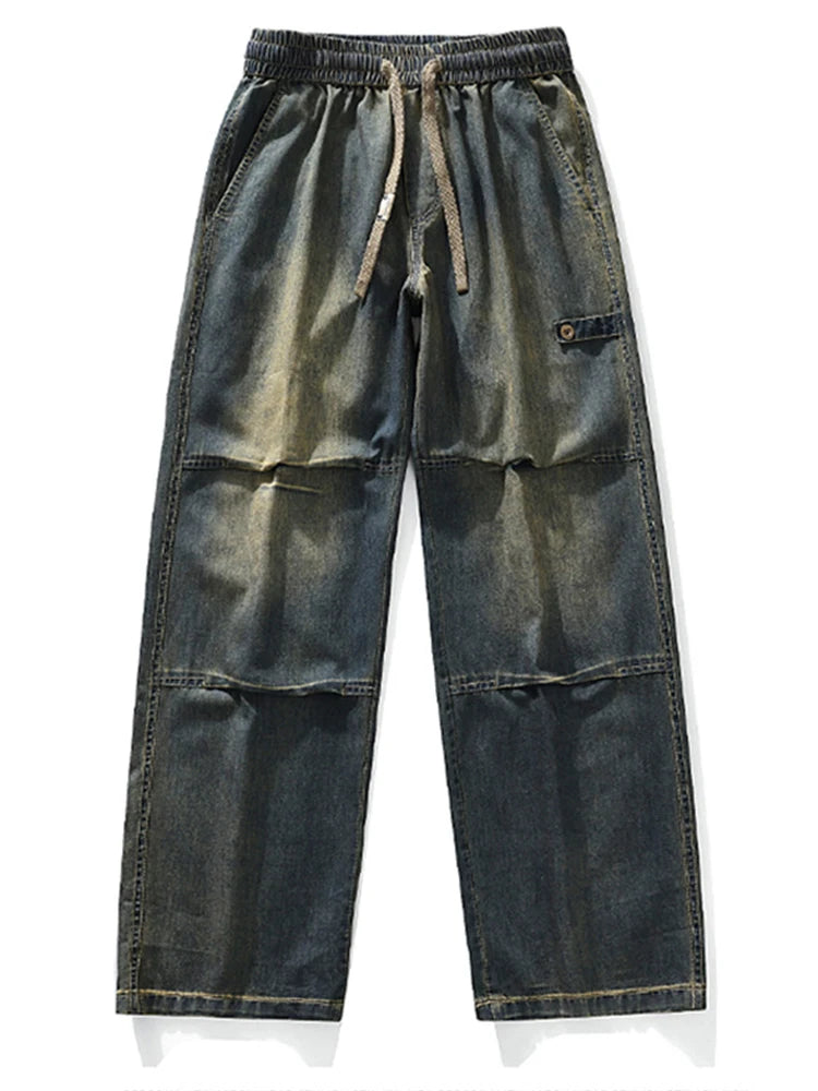 Autumn Men's Hip Hop Fashion Pleated Jeans High Street Straight-Leg Baggy Denim Trousers 2026 New Casual Drawstring Y2K jean