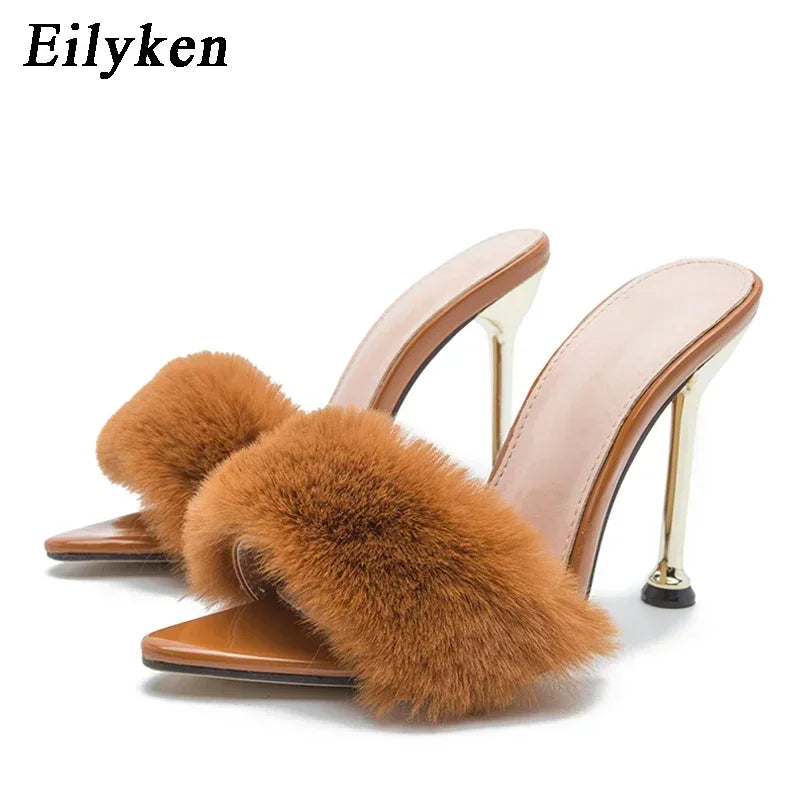 Pointed toe stiletto mule with fluffy fur detail