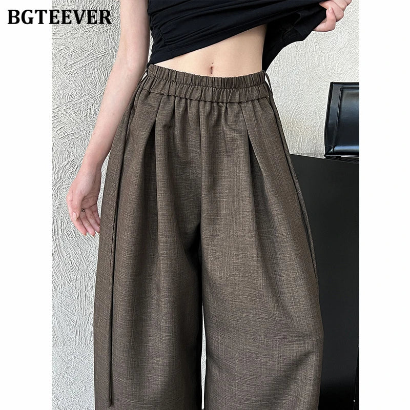 Wide-leg loose suit pants with vintage lace-up