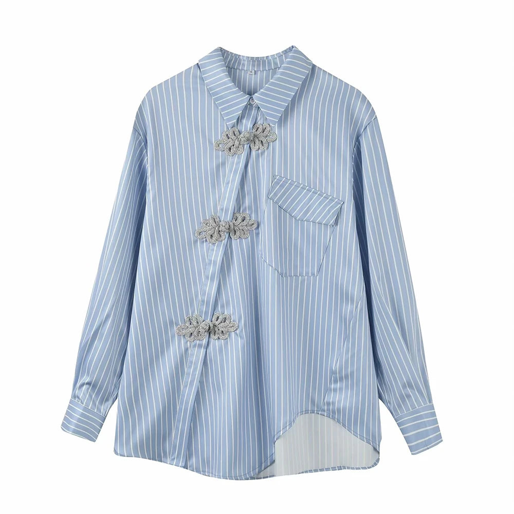 TWOTWINSTYLE Hit Color Spliced Diamonds Loose Blouse for Women Lapel Long Sleeve Pstchwork Pockets Female New