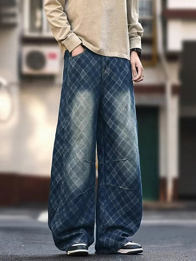 2026 New Men's American Retro Washed Plaid Baggy Jeans Hip Hop Fashion Curved Denim Pants Y2K Streetwear Straight-Leg Jean