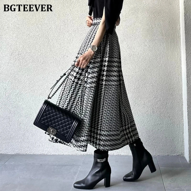 A-line plaid woolen skirt with pockets and high waist