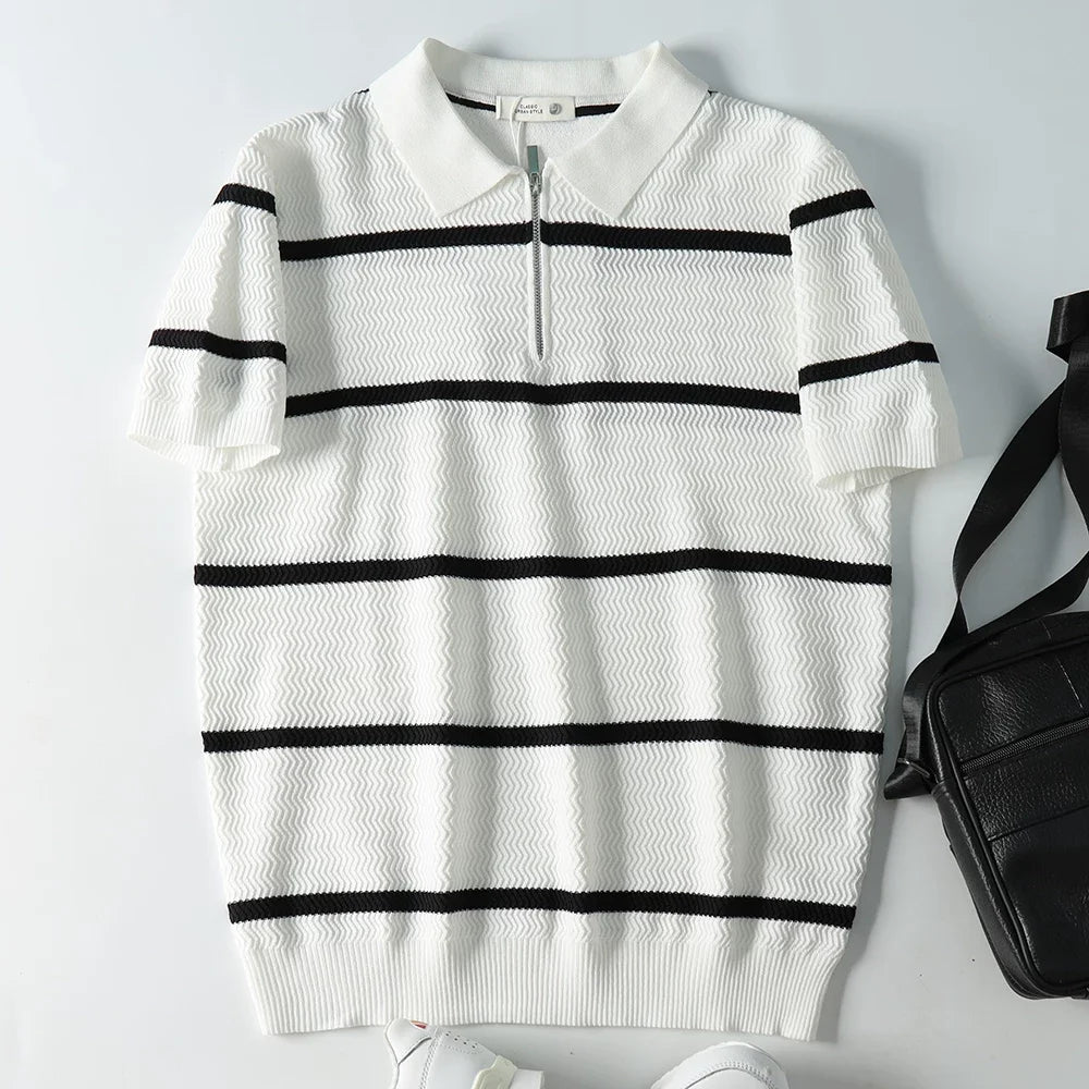 Summer Short Sleeve Knitted Wave Stripe Polo Shirt Men Business Casual Fashion Vintage Commuter Sweater T-shirt Tops Tshirt